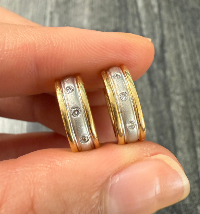 Diamond and 14K Bicolor Gold Huggie Earrings