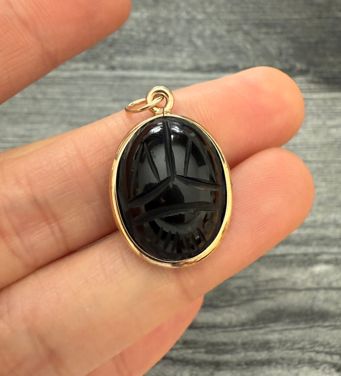 Vintage Carved Onyx Scarab and 14K Gold Pendant