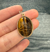 Vintage Carved Tiger Eye Scarab and 14K Gold Pendant