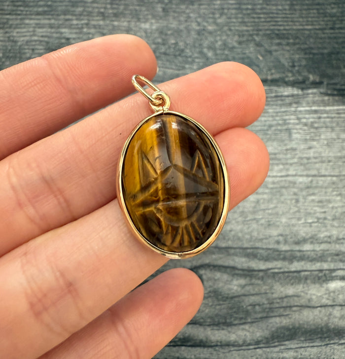 Vintage Carved Tiger Eye Scarab and 14K Gold Pendant