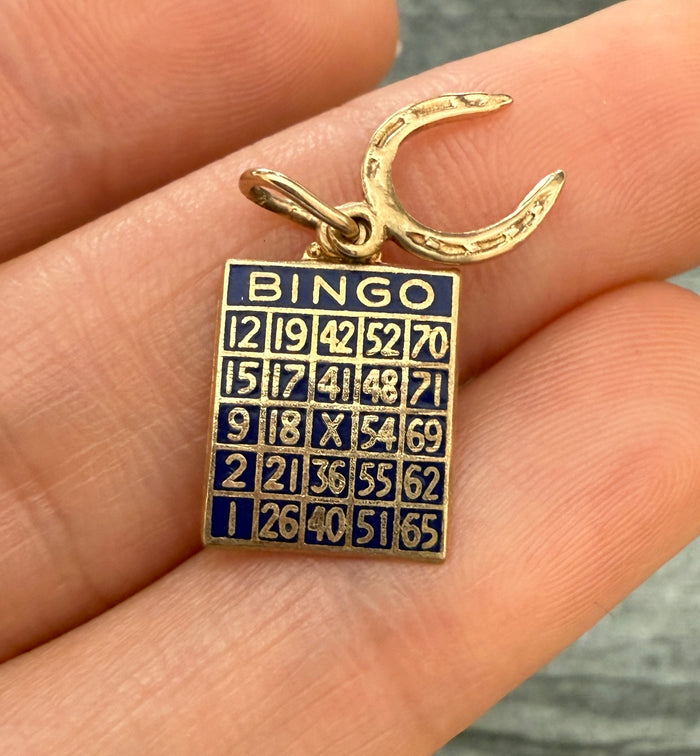 Vintage Enamel and 14k Gold Bingo Card and Horseshoe Charm