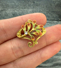 Art Nouveau Diamond and 10K Gold Enamel Foliate Pin