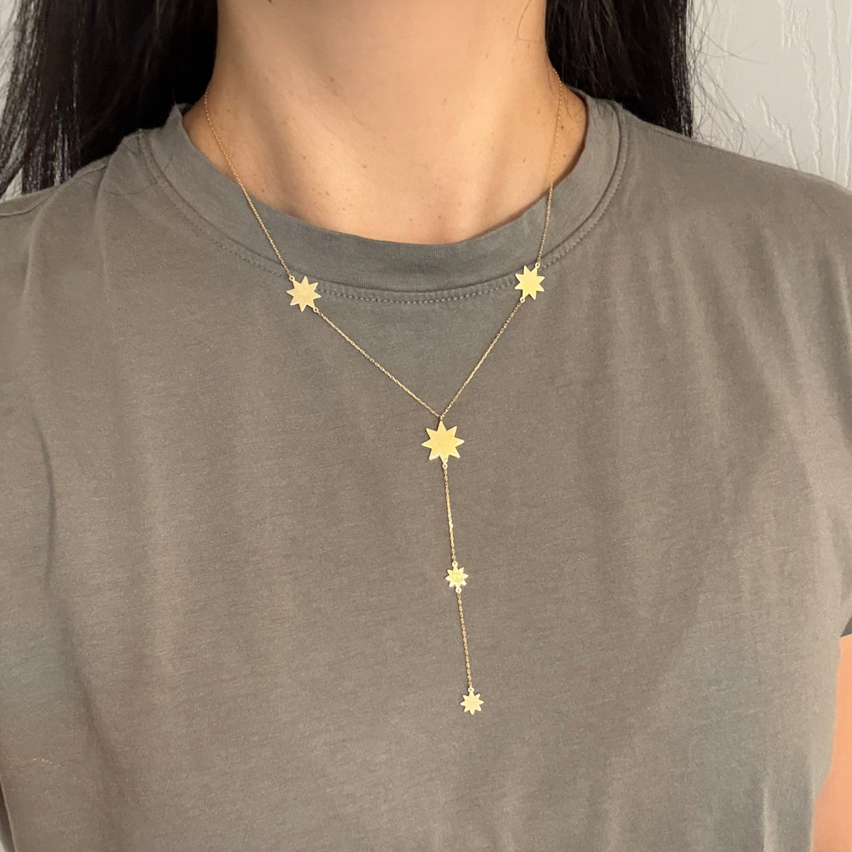 Celestial Star Lariat 18K Gold Necklace, 17"-18" Long