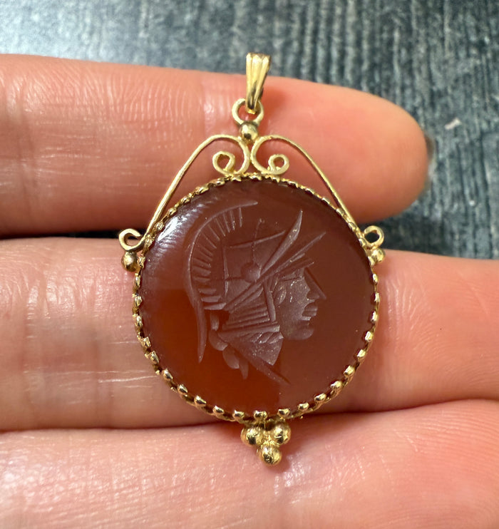 Antique Carved Carnelian Warrior Intaglio and 14K Gold Pendant