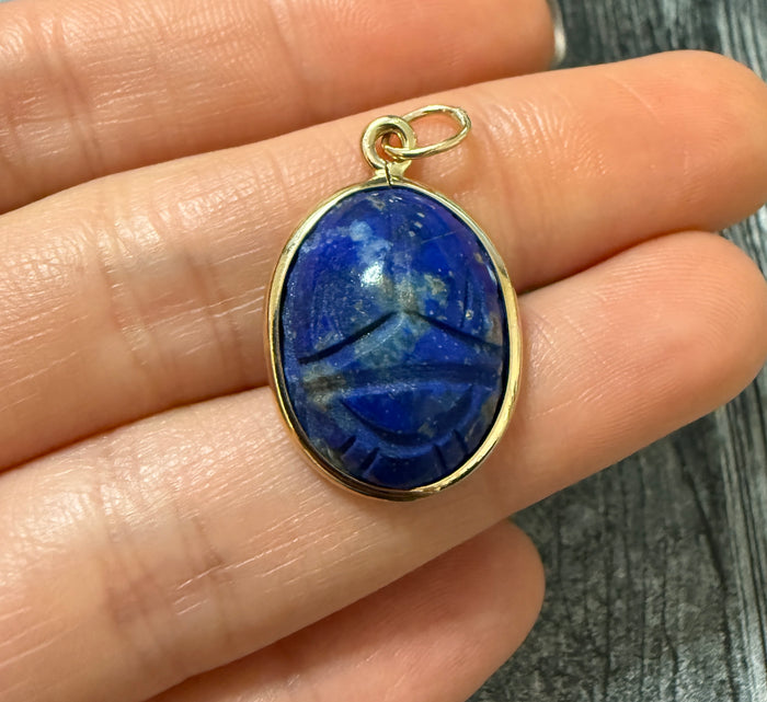 Vintage Carved Lapis Lazuli and 14K Gold Scarab Pendant