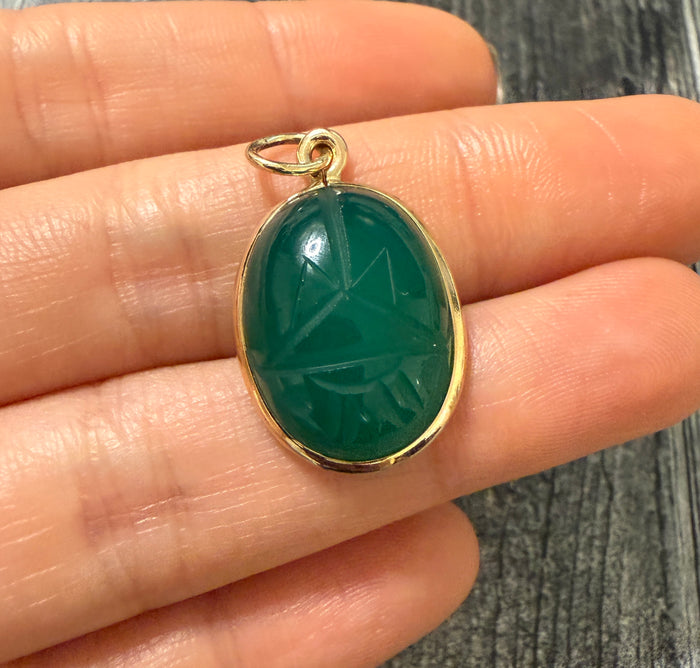 Vintage Carved Chrysoprase and 14K Gold Scarab Charm