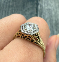 Art Deco Diamond and 14K Gold Filigree Solitaire Ring
