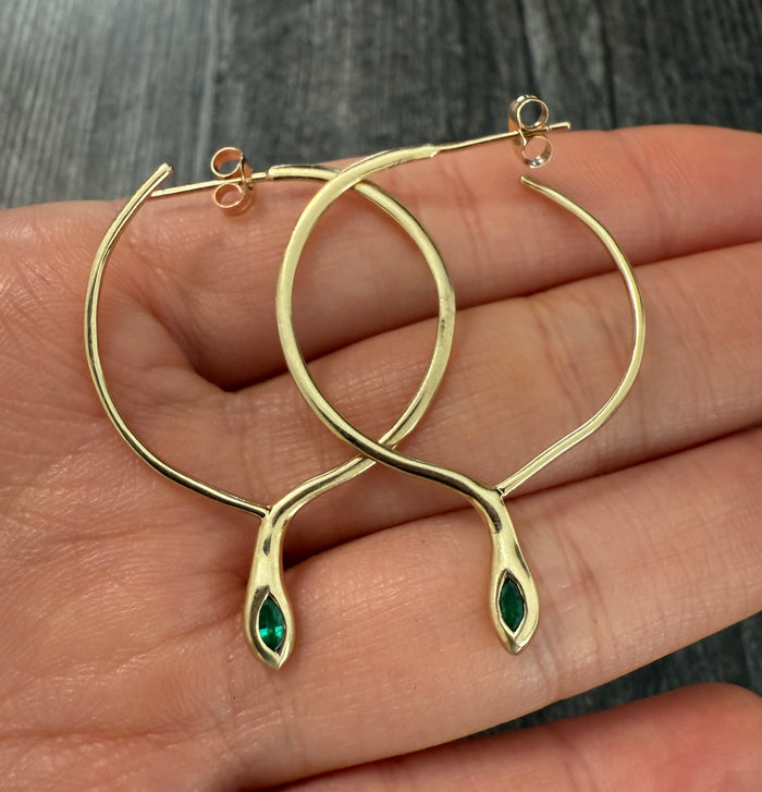 Vintage Emerald and 14K Gold Snake Hoop Earrings