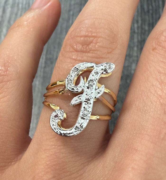 Vintage Diamond and 14K Gold Initial "F" Ring