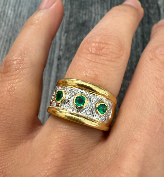 Vintage Emerald and Diamond Wide Band in 18K Gold