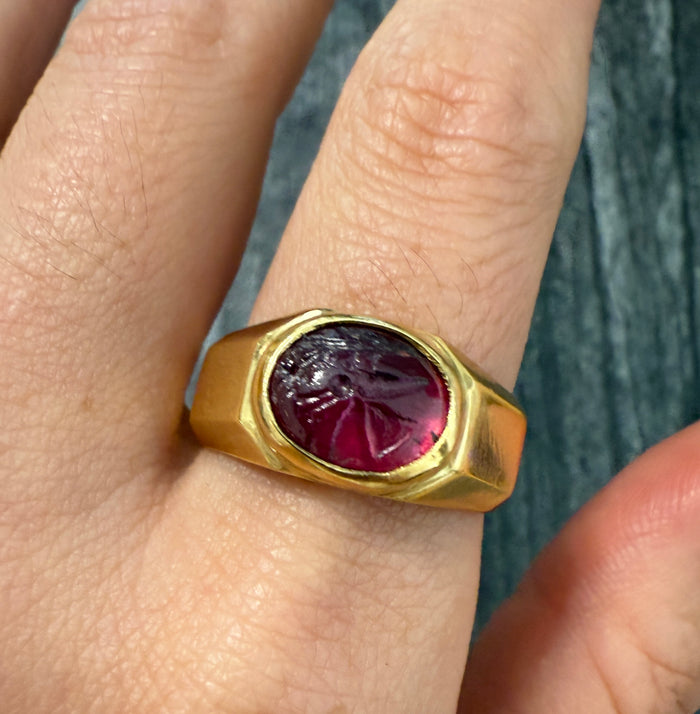 Carved Intaglio Red Stone and 18K Gold Signet Ring