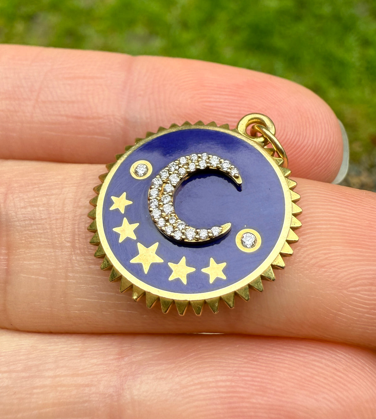 Foundrae Blue Crescent 18K Gold and Diamond Champleve Medallion Charm