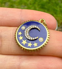 Foundrae Blue Crescent 18K Gold and Diamond Champleve Medallion Charm