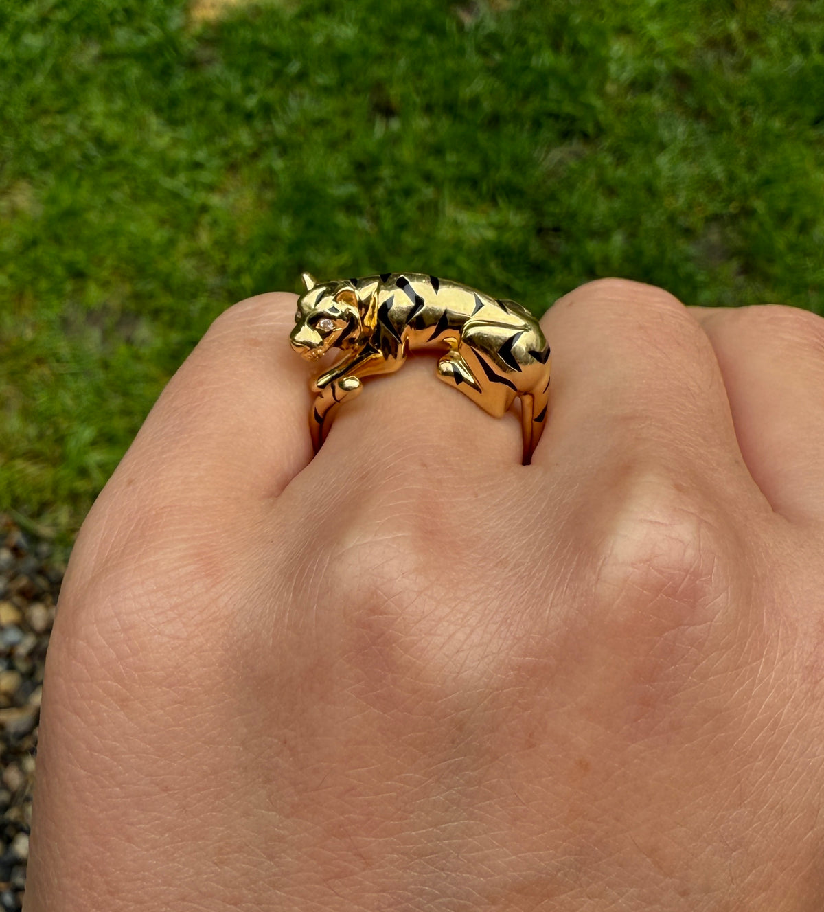 Figural 18K Gold, Diamond, and Enamel Tiger Ring
