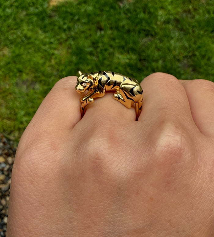 Figural 18K Gold, Diamond, and Enamel Tiger Ring