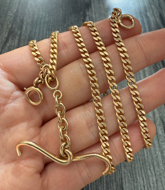 Art Deco 14K Gold Curb Link Watch Chain with T-Bar