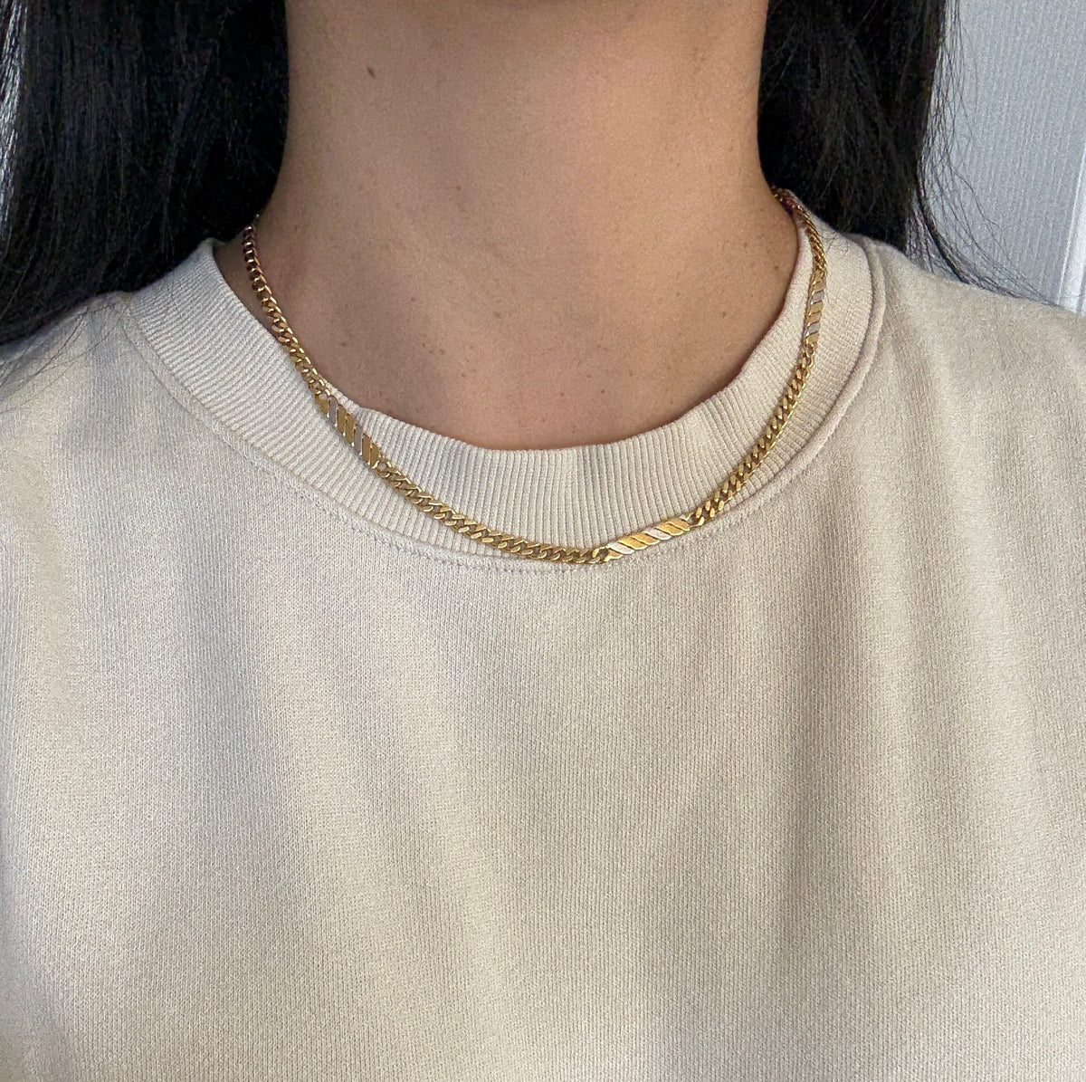 Vintage 18K Bicolor Gold Curb Station Chain, 17.5" Long