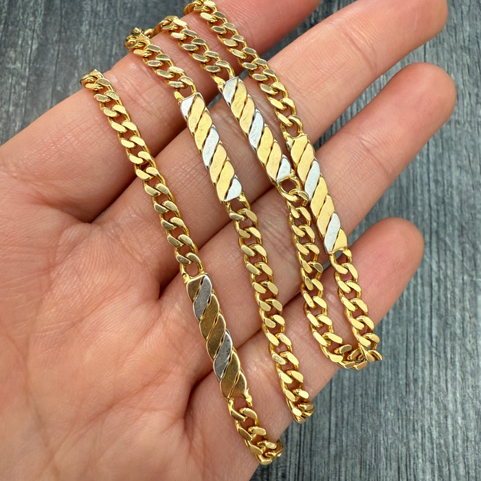 Vintage 18K Bicolor Gold Curb Station Chain, 17.5" Long