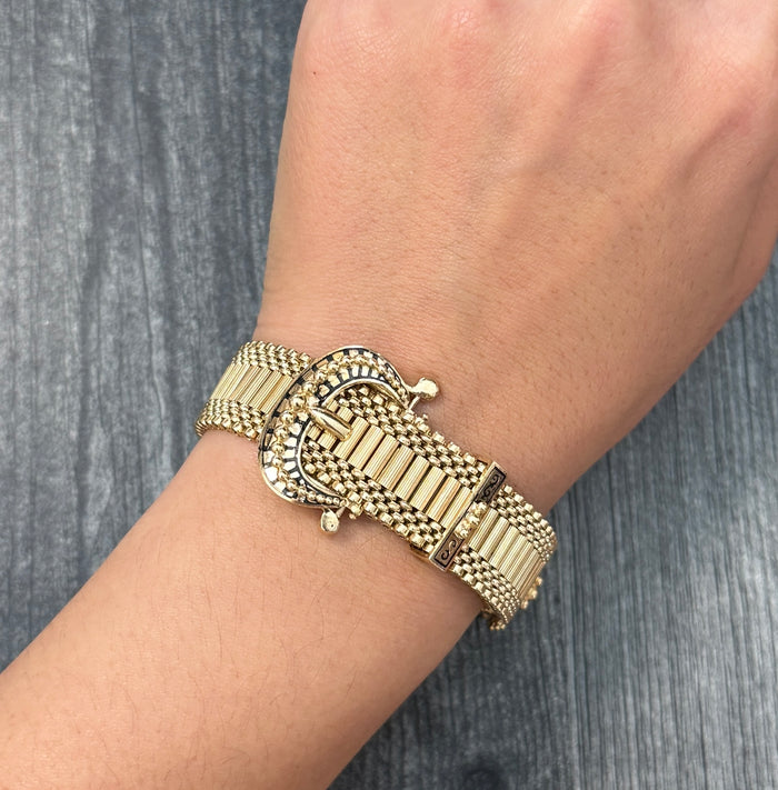 Midcentury Buckle Watch Style Bracelet in 14K Gold With Adjustable Length