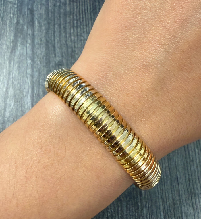 Vintage 18K Tricolor Gold Tubogas Bracelet, 7.65" Long