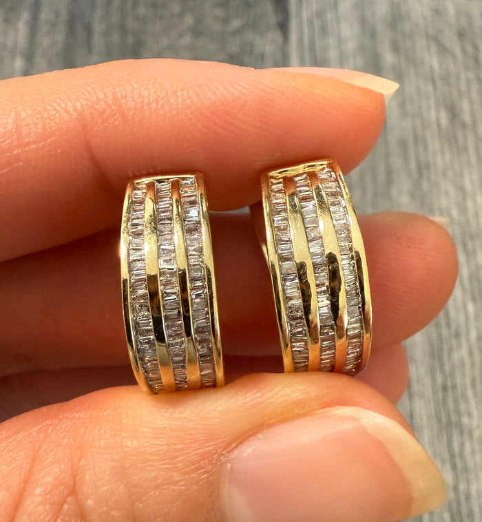Baguette Diamond and 14k Gold Huggie Earrings