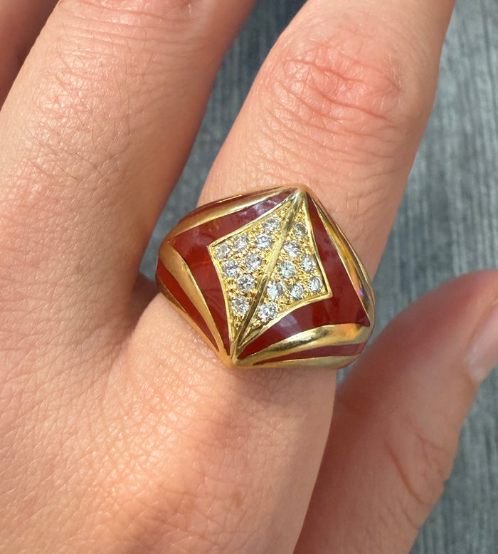 French Carved Carnelian and Diamond Shaped Dome Ring in 18K Gold