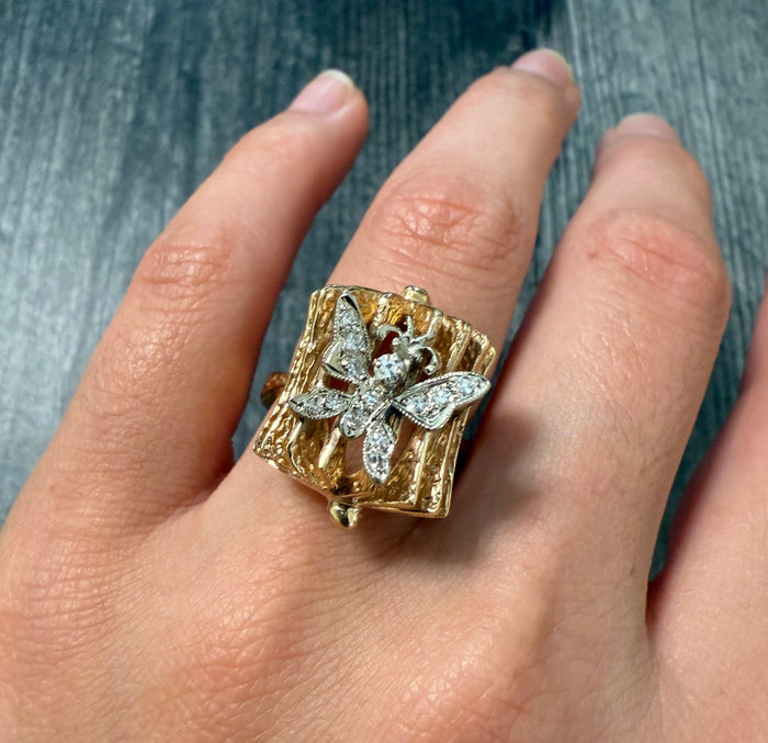 Striking Diamond Butterfly and 14K Gold Dimensional Ring