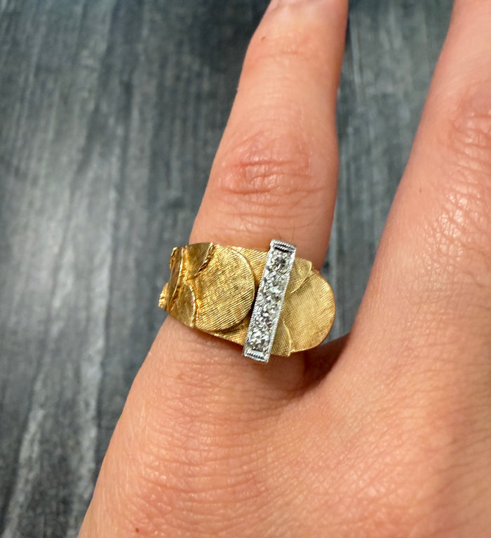 Midcentury Diamond and 14K Gold Mermaid Scale Buckle Ring