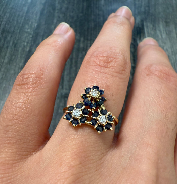 Sapphire and Diamond Triple Flower Ring in 14K Gold