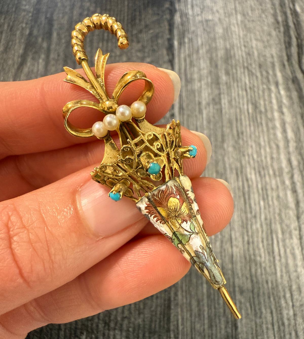 Vintage 18K Gold Turquoise & Pearl Umbrella Brooch