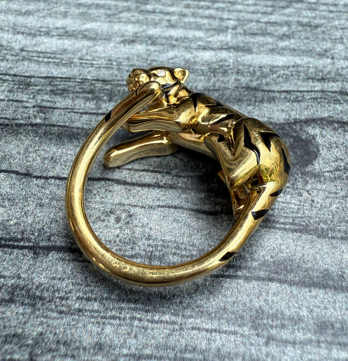 Figural 18K Gold, Diamond, and Enamel Tiger Ring