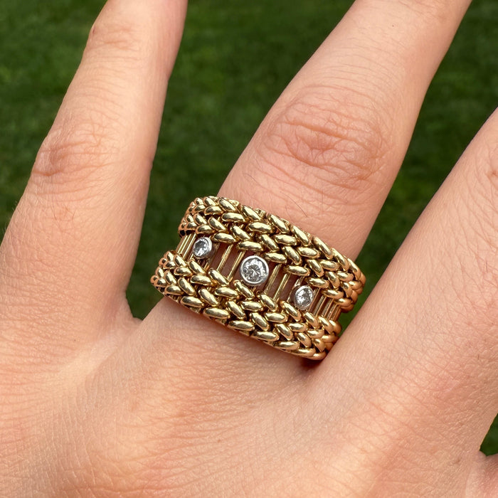 Vintage Diamond and 14K Gold Mesh Band, Size 6.75-7.25