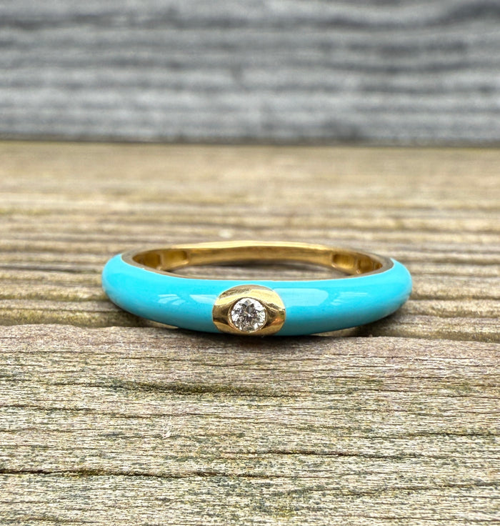 Turquoise Enamel, 18K Gold, and Diamond Band, Size 6.75