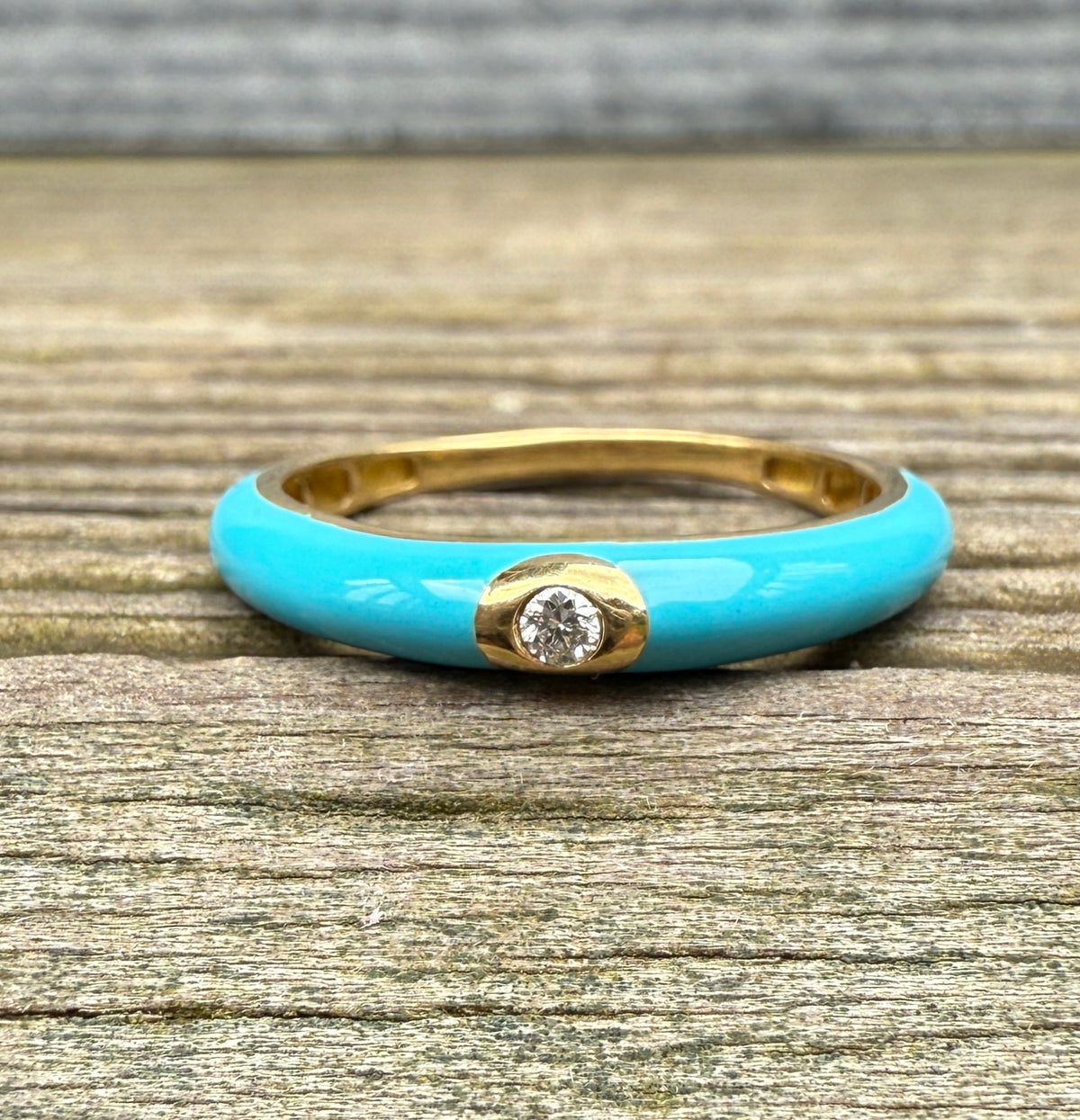 Turquoise Enamel, 18K Gold, and Diamond Band, Size 6.75
