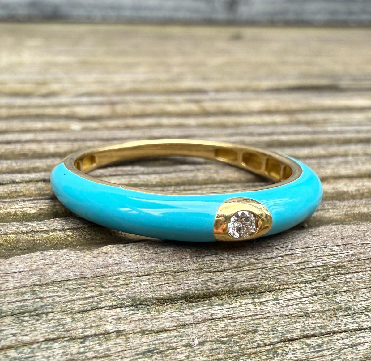 Turquoise Enamel, 18K Gold, and Diamond Band, Size 6.75