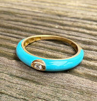 Turquoise Enamel, 18K Gold, and Diamond Band, Size 6.75