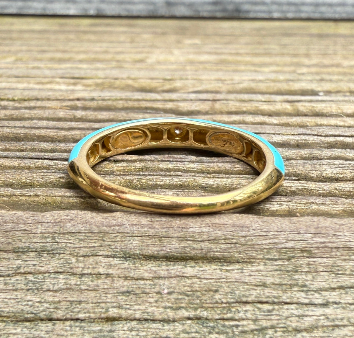 Turquoise Enamel, 18K Gold, and Diamond Band, Size 6.75
