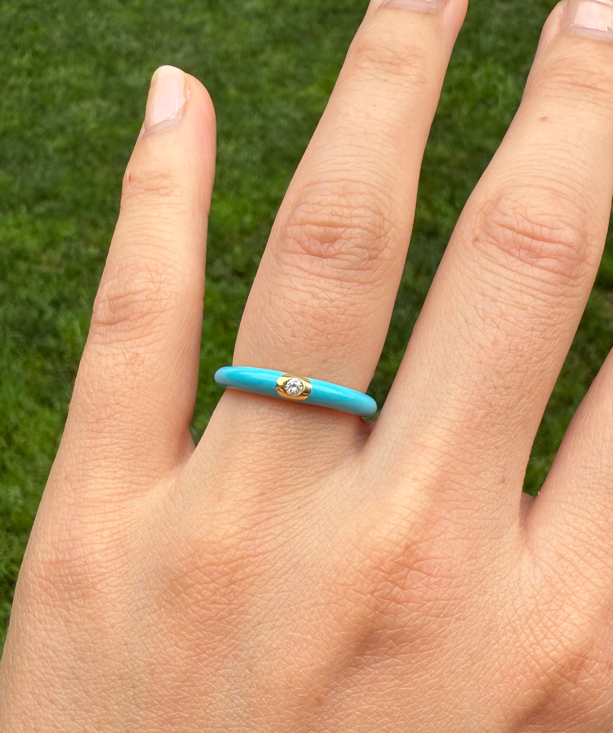 Turquoise Enamel, 18K Gold, and Diamond Band, Size 6.75