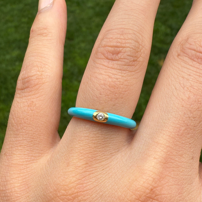 Turquoise Enamel, 18K Gold, and Diamond Band, Size 6.75