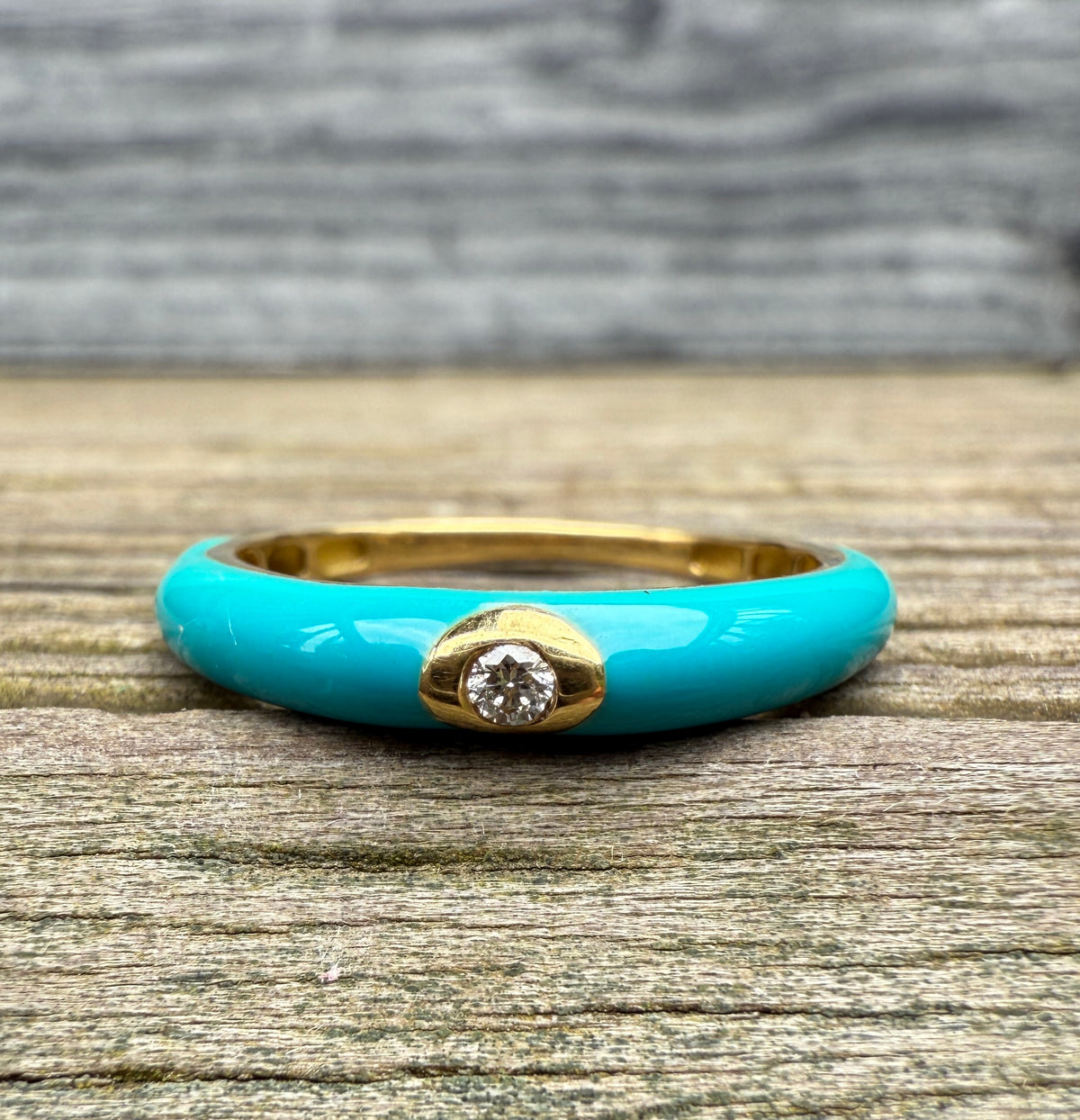 Dark Turquoise Enamel, 18K Gold, and Diamond Band, Size 6.25