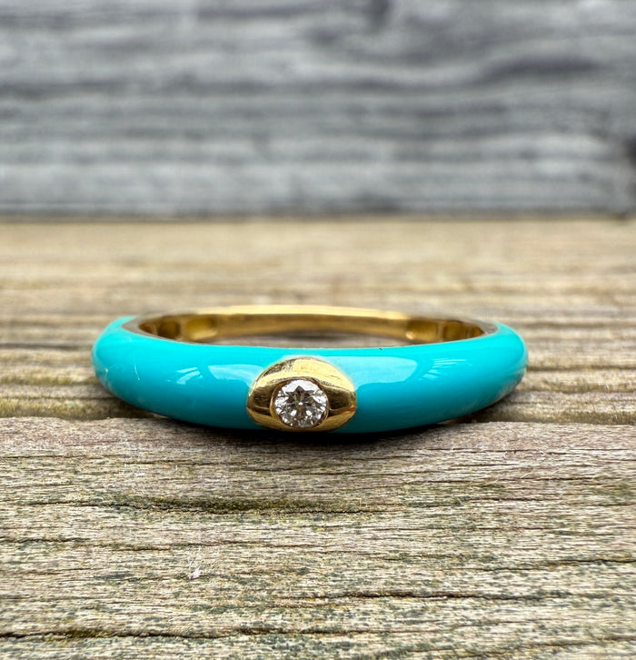 Dark Turquoise Enamel, 18K Gold, and Diamond Band, Size 6.25