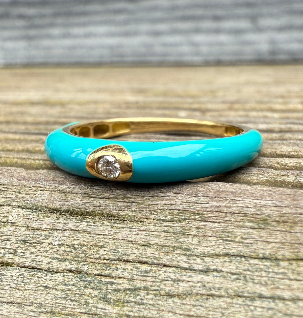 Dark Turquoise Enamel, 18K Gold, and Diamond Band, Size 6.25