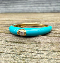 Dark Turquoise Enamel, 18K Gold, and Diamond Band, Size 6.25
