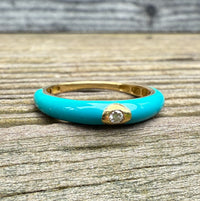 Dark Turquoise Enamel, 18K Gold, and Diamond Band, Size 6.25