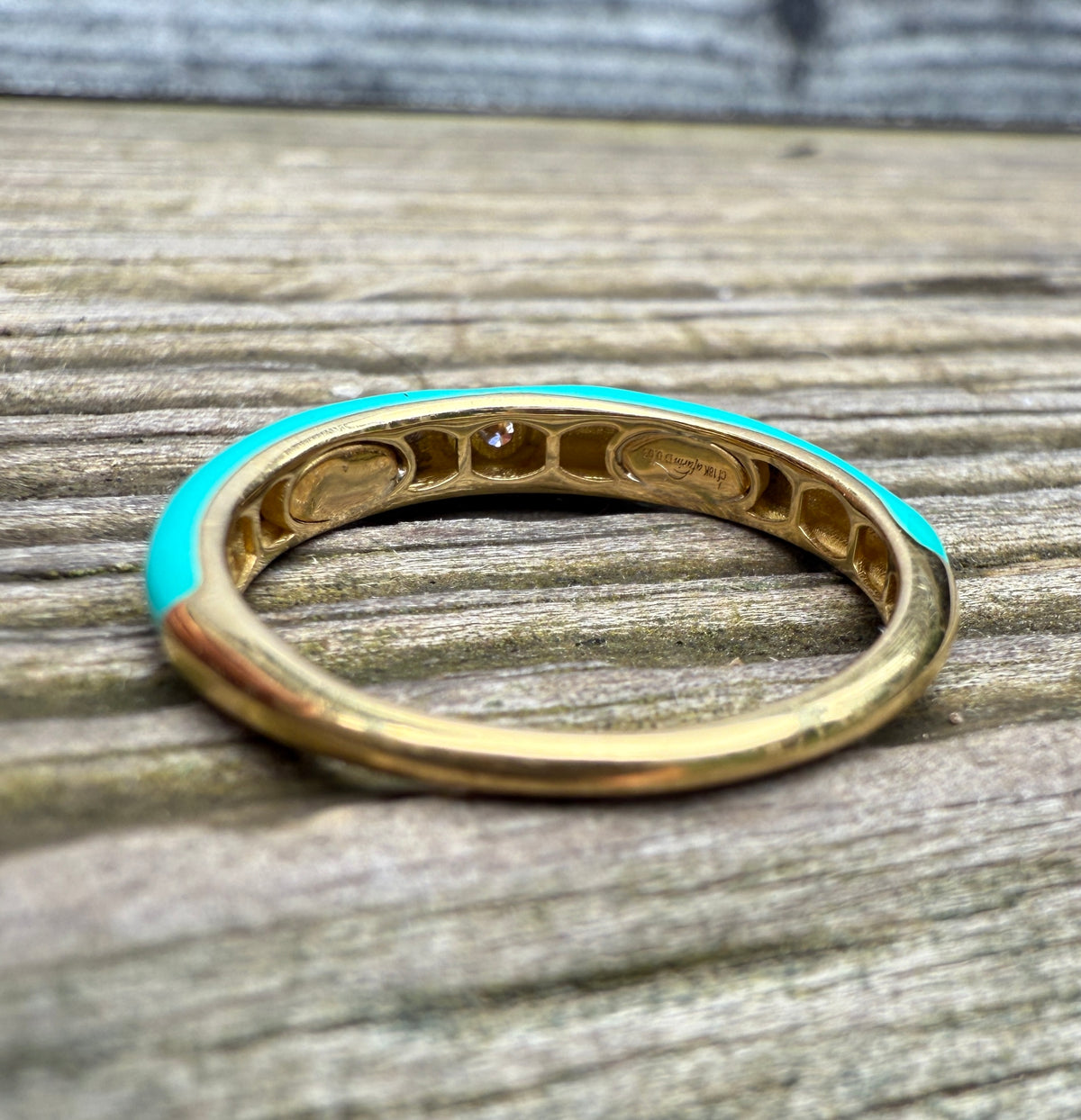 Dark Turquoise Enamel, 18K Gold, and Diamond Band, Size 6.25