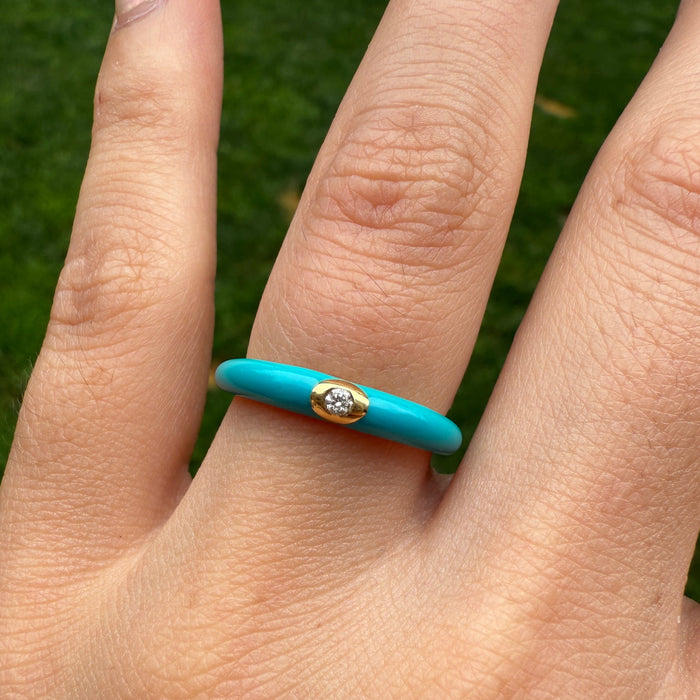 Dark Turquoise Enamel, 18K Gold, and Diamond Band, Size 6.25