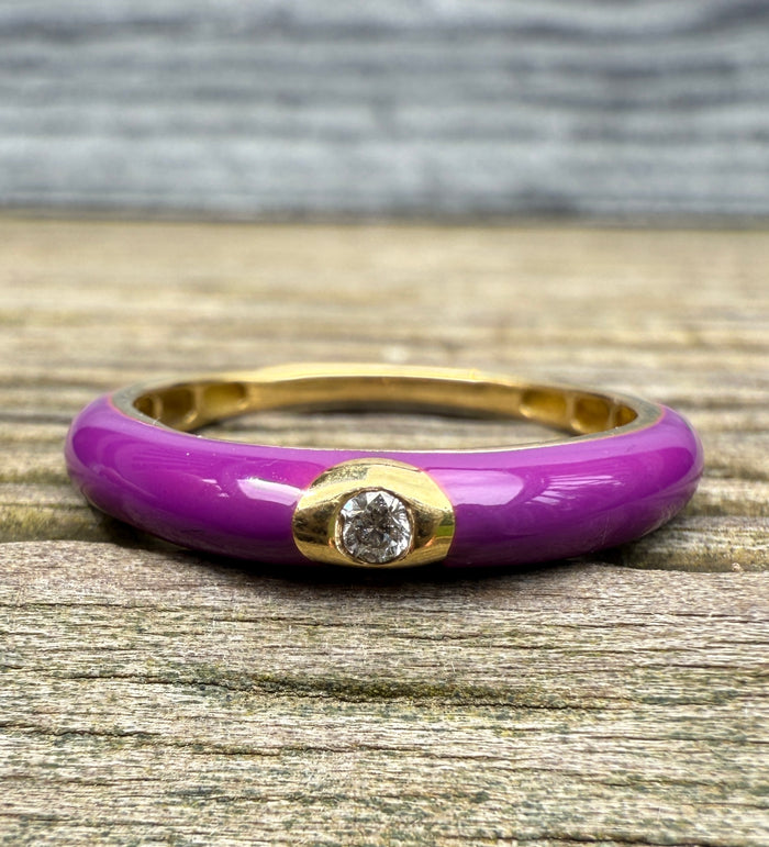 Purple Enamel, 18K Gold, and Diamond Band, Size 6.75