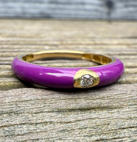 Purple Enamel, 18K Gold, and Diamond Band, Size 6.75