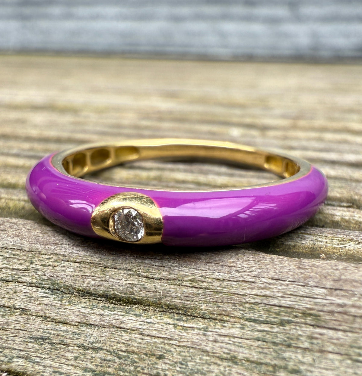 Purple Enamel, 18K Gold, and Diamond Band, Size 6.75