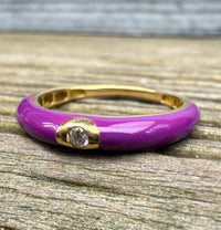 Purple Enamel, 18K Gold, and Diamond Band, Size 6.75
